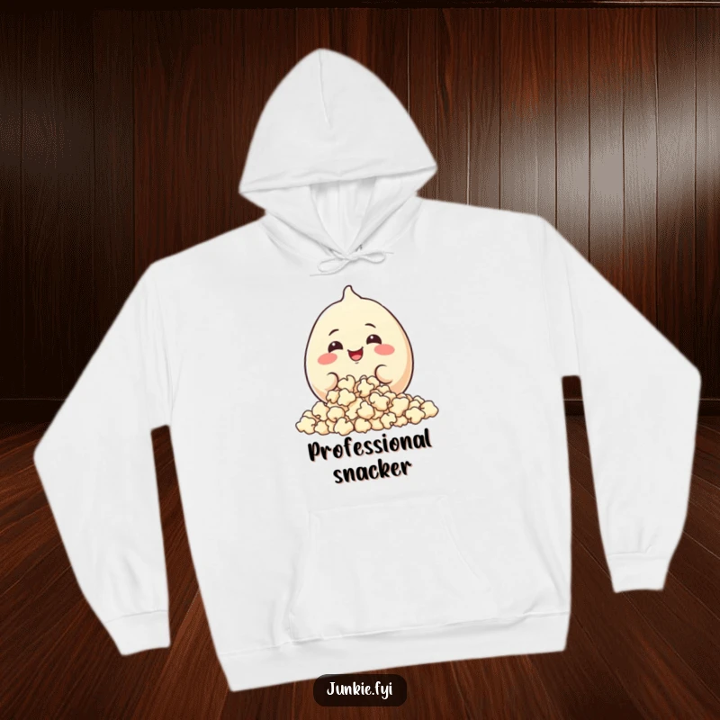 Funny Hoodie: A happy food character with a wide grin happily devours a large pile of fluffy popcorn.