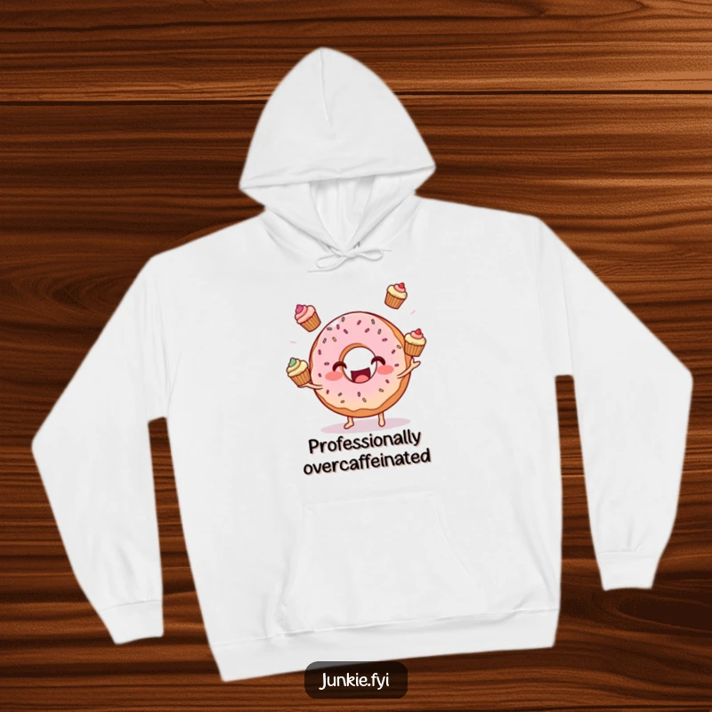 Funny donut character juggling cupcakes on a warm fleece hoodie, designed for comfort and showcasing a hilarious dessert theme.