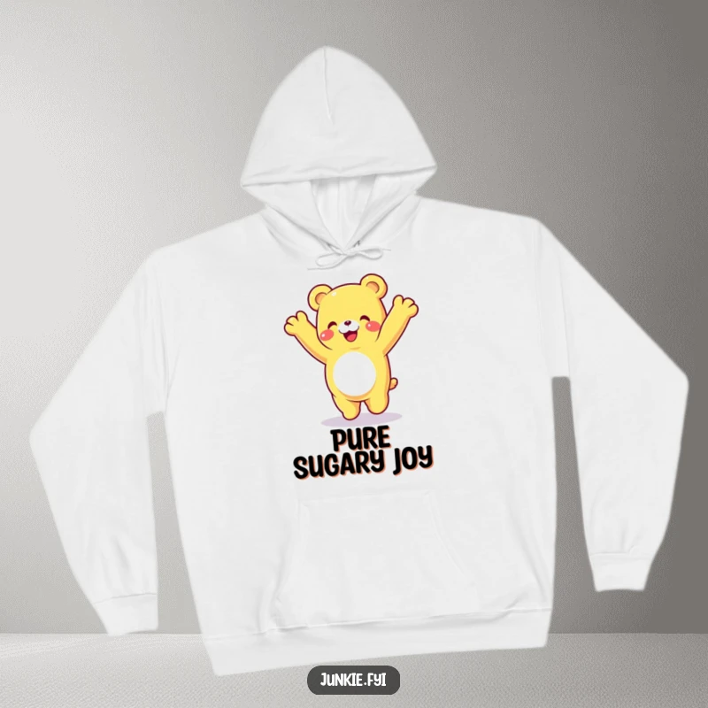 Funny gummy bear hoodie, a happy character in a cartwheel pose with a delighted expression, cozy and full of fun.