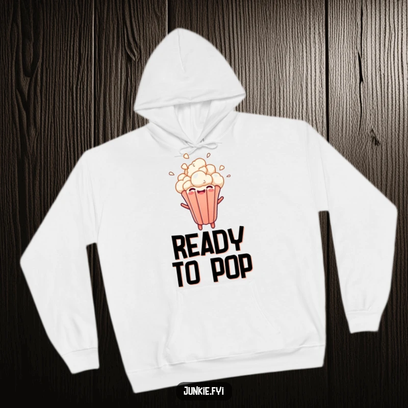 A popcorn kernel bursts upwards with joyful abandon, bringing energetic, funny vibes to this cozy hoodie.