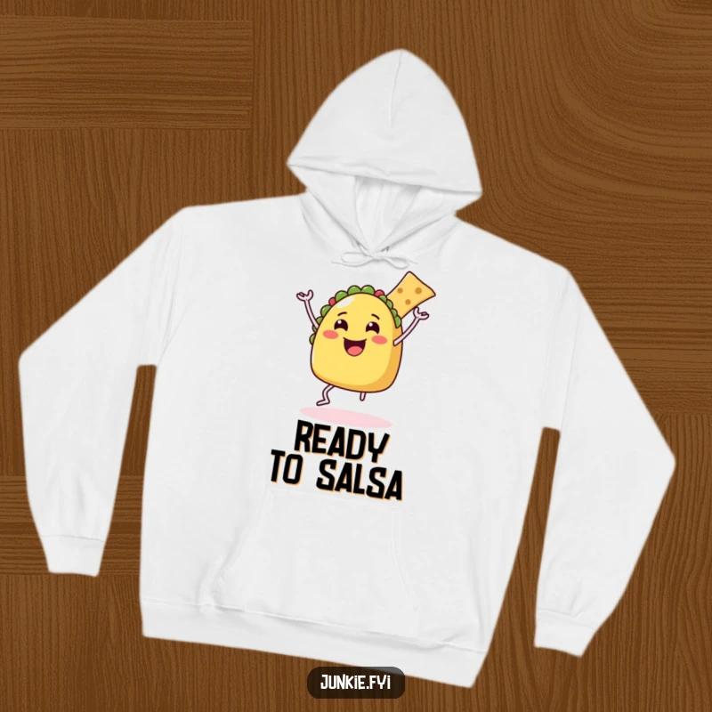 Funny Hoodie with a beaming taco character dancing joyfully with a chip, showcasing a delightful and energetic food celebration.