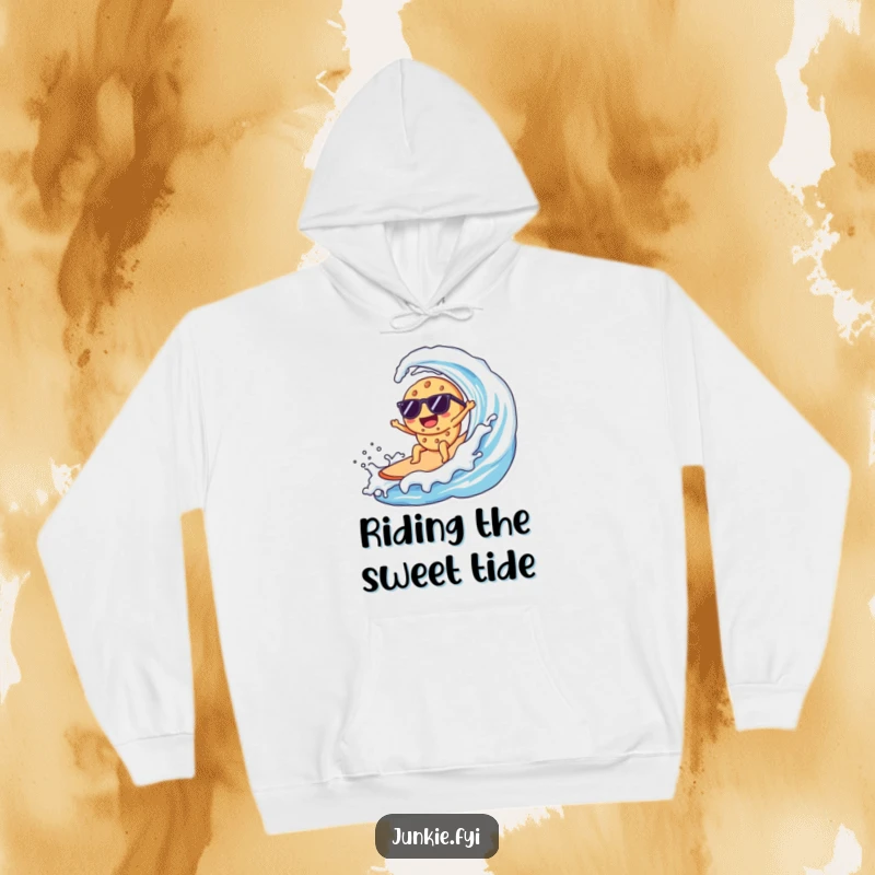 Funny Kawaii cookie with sunglasses, surfing a large milk wave, printed on a warm, comfortable hoodie.
