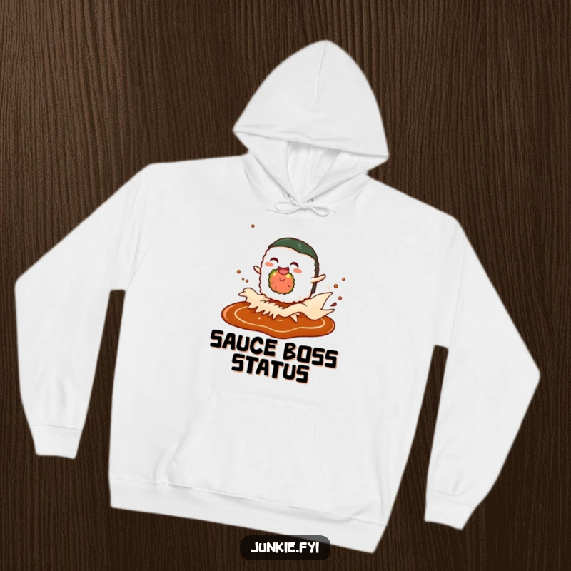 Funny hoodie with a giggling sushi roll character happily riding a soy sauce wave, designed for cozy culinary enjoyment.
