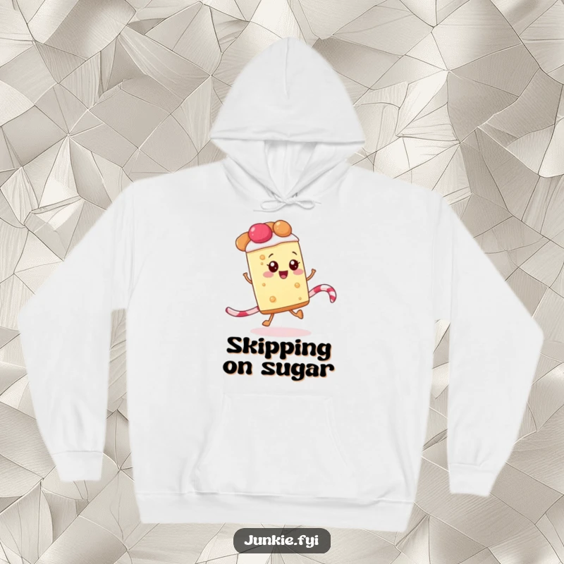 Funny hoodie depicting a happy slice of pie skipping along a licorice rope, offering warm, sweet, and humorous comfort.