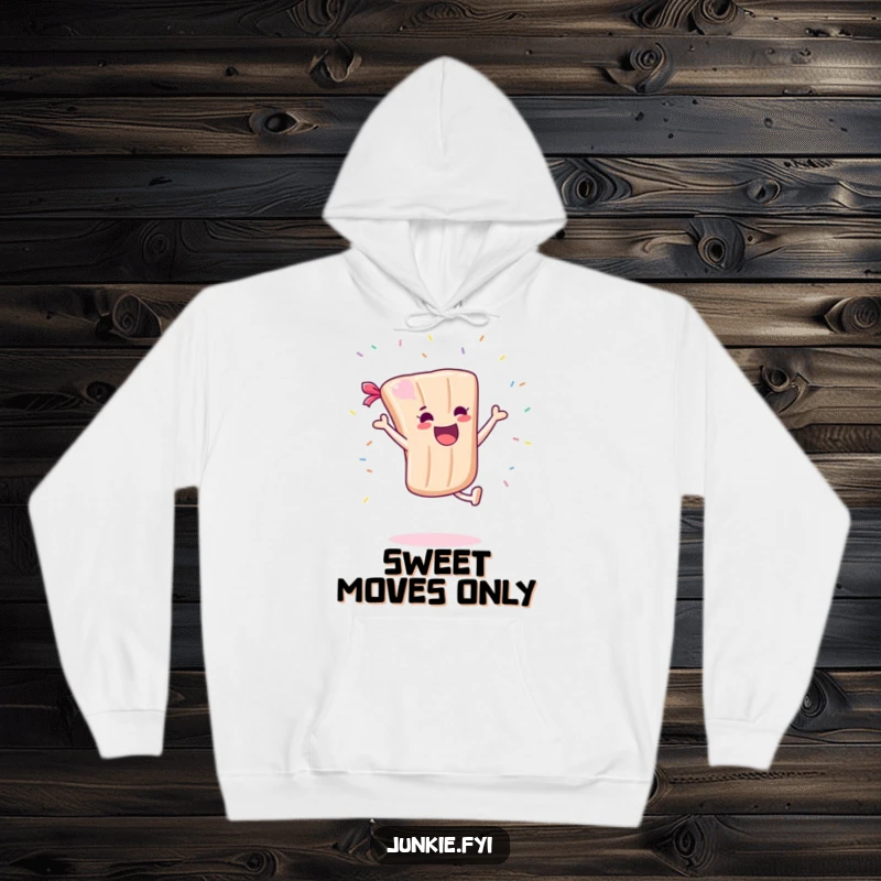 Funny Hoodie: A joyful candy bar character is captured mid-cartwheel, with sprinkles scattering, radiating playful energy and sweet humor.