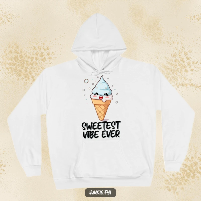 Funny hoodie featuring a happy ice cream cone joyfully tossing shimmering sugar crystals. A warm and sweet design, ideal funny gift.