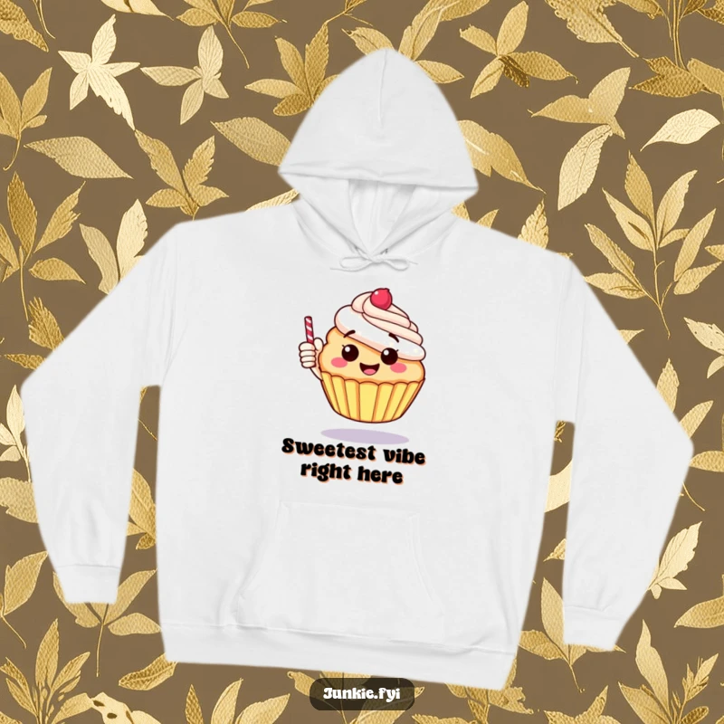Funny hoodie with a cheerful, round cupcake giving a thumbs up with a candy stick, perfect for cozy smiles.