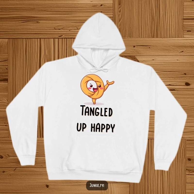 Funny hoodie with a happy pretzel character twisting joyfully while performing a cartwheel. Cozy, warm, and full of playful spirit.
