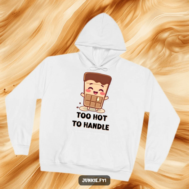 Funny hoodie print of a happy chocolate bar character in a slight melt from intense excitement. Warm and humorous.