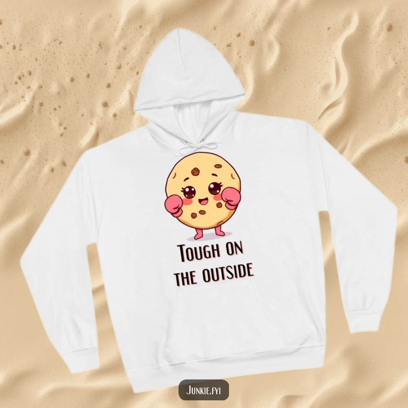 Funny cookie character with chip accents wearing tiny boxing gloves on a warm fleece hoodie.