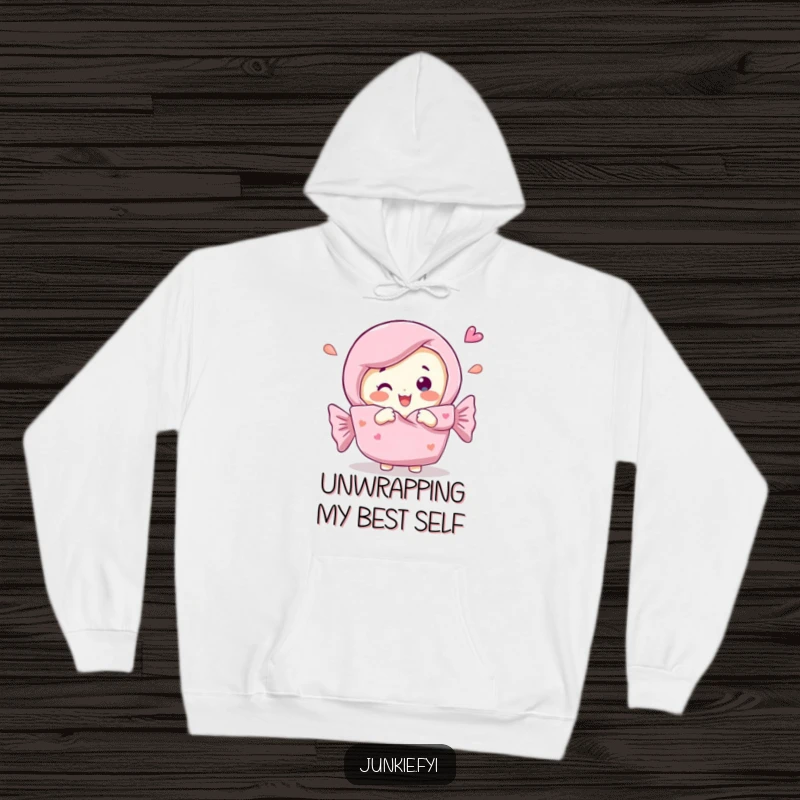 Funny Hoodie depicting a cheerful candy bar character enthusiastically unwrapping itself, a sweet symbol of pure, unadulterated happiness.