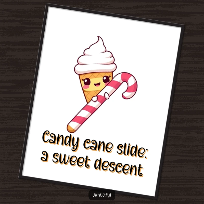 Funny Free Printable Wall Art: Mischievous ice cream cone slides down a candy cane, a humorous and sweet decoration.