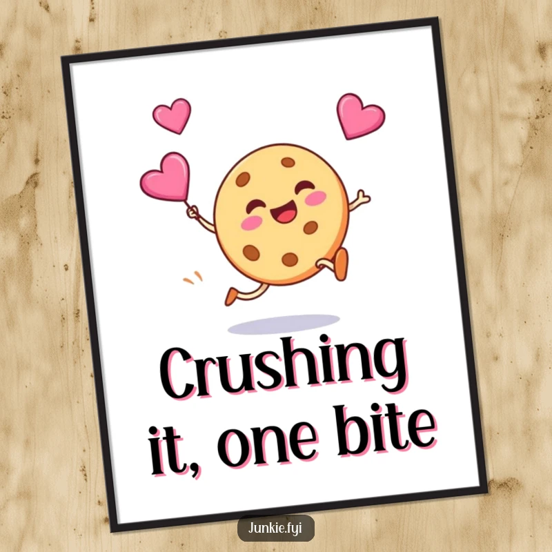 Funny Free Printable Wall Art: A grinning cookie comically kicks a flying candy heart with athletic flair.