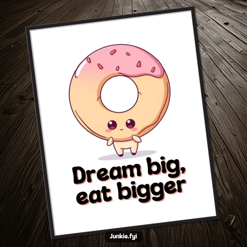 Funny Free Printable Wall Art: Quirky food character with big eyes staring longingly at a massive, delicious doughnut, a humorous statement piece.