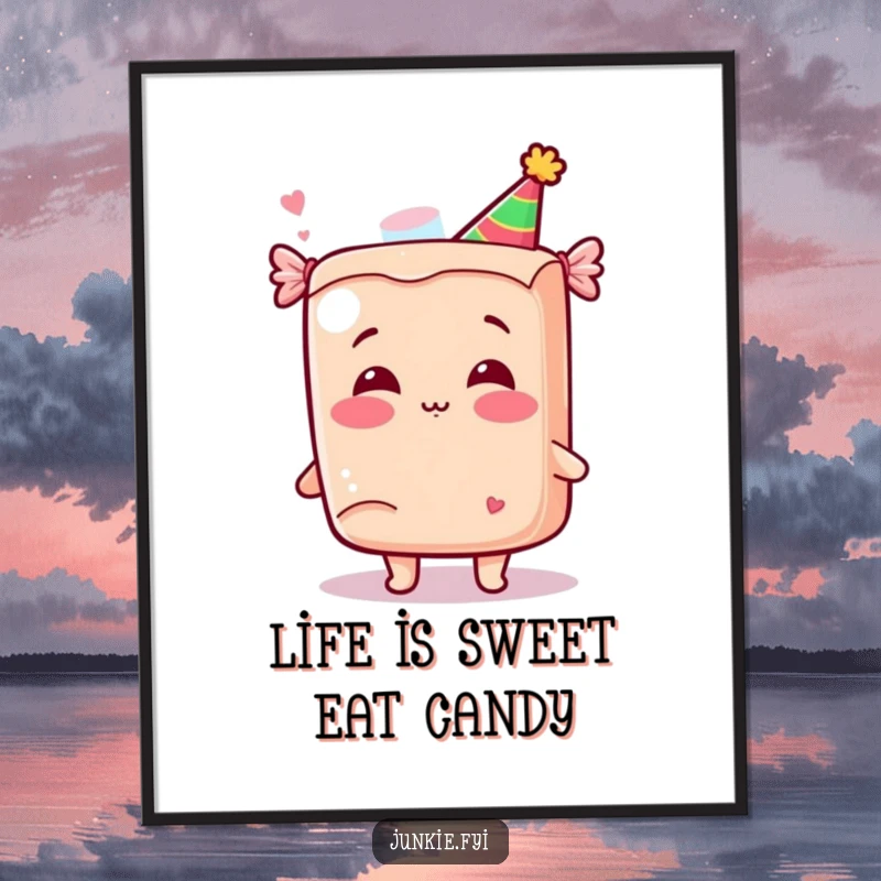 Funny Free Printable Wall Art: A kawaii candy bar character with a party hat giggling and blowing a kiss.