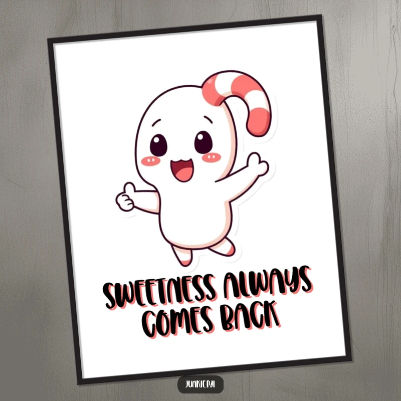 Funny Free Printable Wall Art: Playful candy cane character boomeranging back to a happy hand, whimsical and fun art.