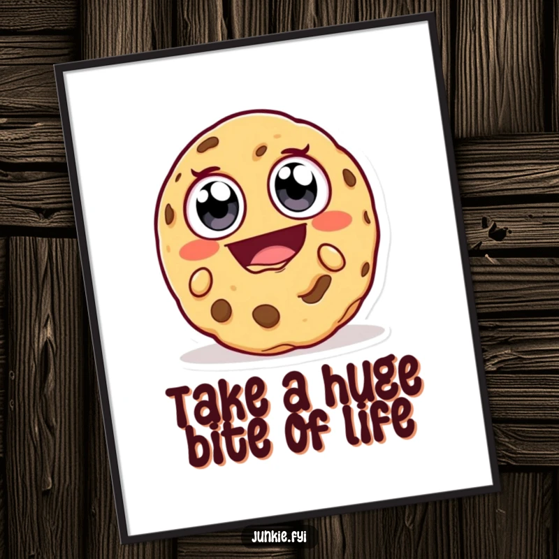 Funny Free Printable Wall Art: A happy cookie character with wide eyes takes a massive, joyful bite.