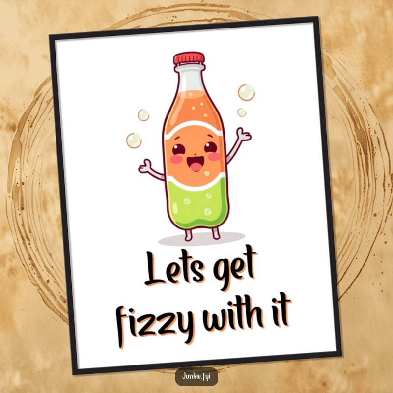 Funny Free Printable Wall Art: A joyful Kawaii soda bottle is captured dancing with effervescent bubbles escaping wildly.