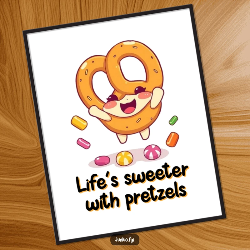 Funny Free Printable Wall Art: Cheerful pretzel character enthusiastically catching falling colorful candy pieces, whimsical art.