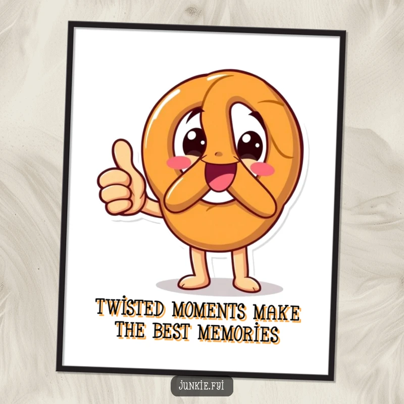 Funny Free Printable Wall Art of a happy pretzel character enthusiastically giving a prominent and cheerful thumbs up.