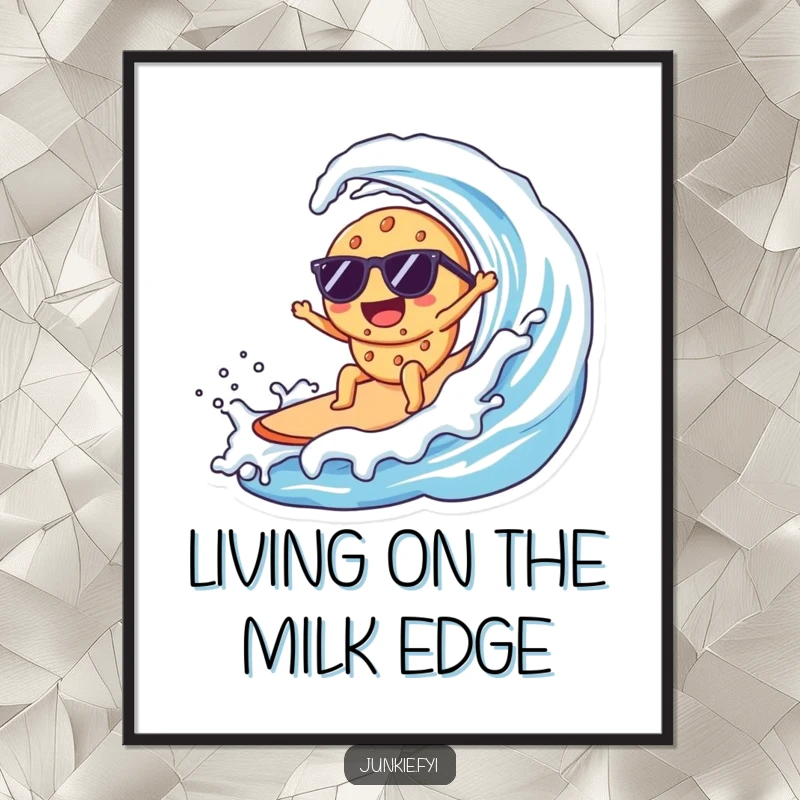 Funny Free Printable Wall Art: A delighted Kawaii cookie in sunglasses masterfully surfs a huge wave of milk.