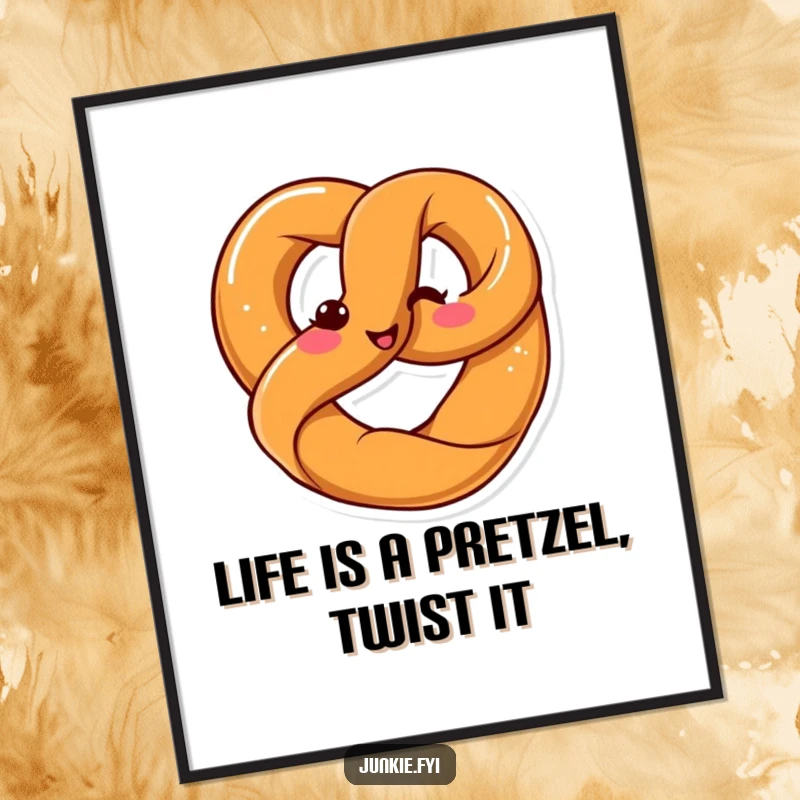 Funny Free Printable Wall Art: A happy Kawaii pretzel joyfully twists itself into its signature shape, beaming with a smile.