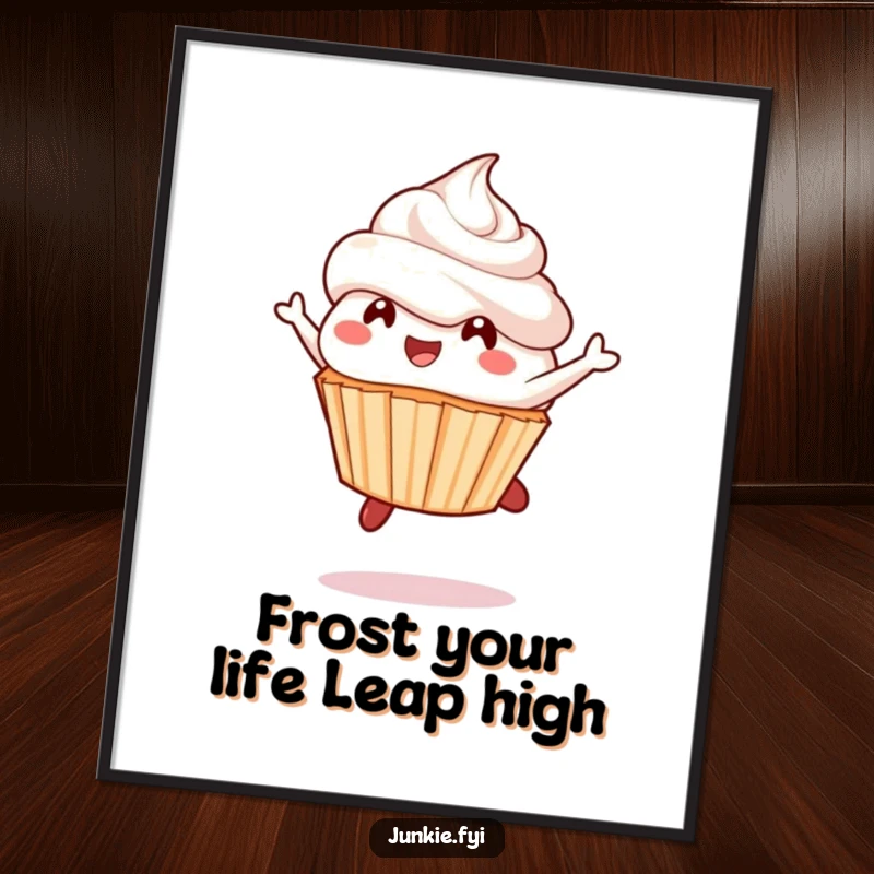 Funny Free Printable Wall Art: A delighted cupcake character leaping with frosting flying, adding cheerful decor.