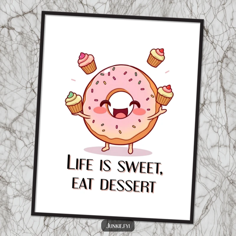 Funny free printable wall art of a smiling donut character juggling three mini cupcakes with sprinkles.