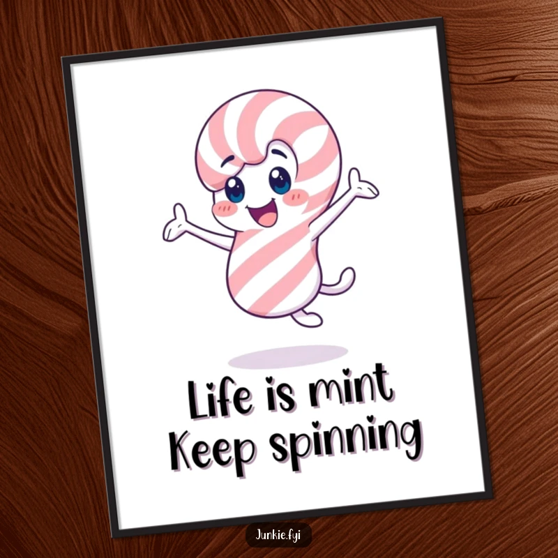 Funny Free Printable Wall Art: A cheerful candy cane character twirling with great enthusiasm, adding festive decor.