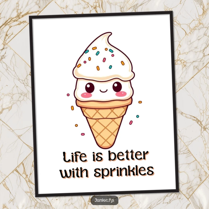 Funny Free Printable Wall Art: A happy ice cream cone character contentedly enjoying a delightful cascade of colorful sprinkles.