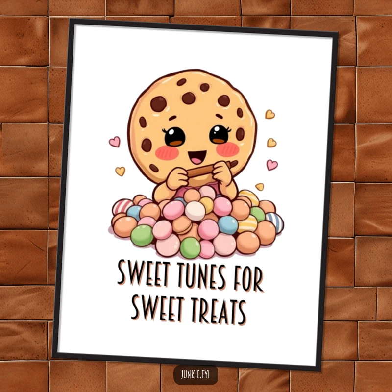 Funny Free Printable Wall Art: A happy cookie charmer plays a tiny flute, magically enchanting a pile of colorful candies.