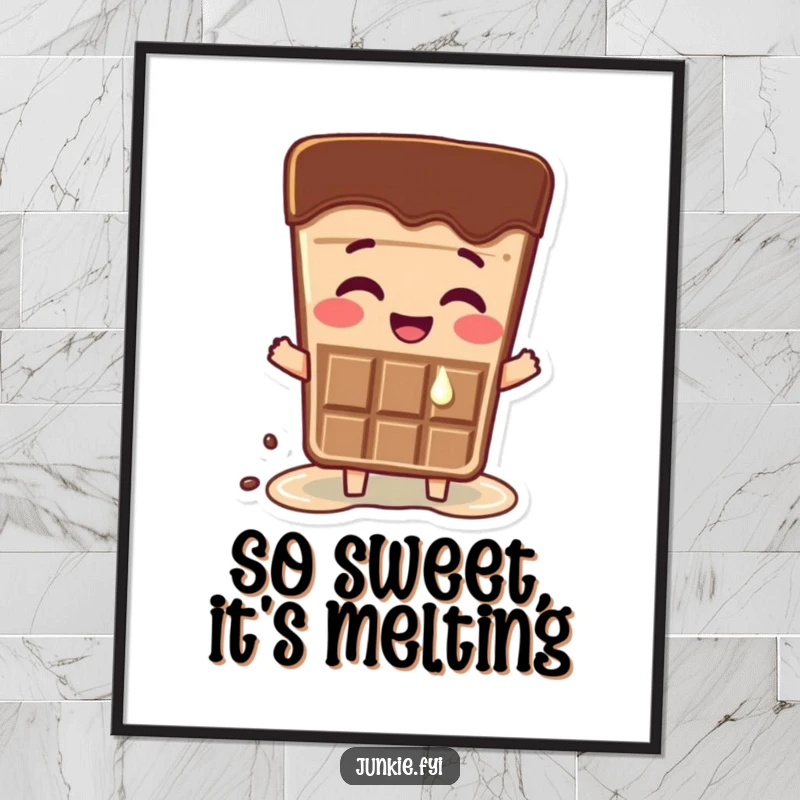 Funny Free Printable Wall Art: A cheerful chocolate bar character melting slightly, radiating pure, sweet excitement and happiness.