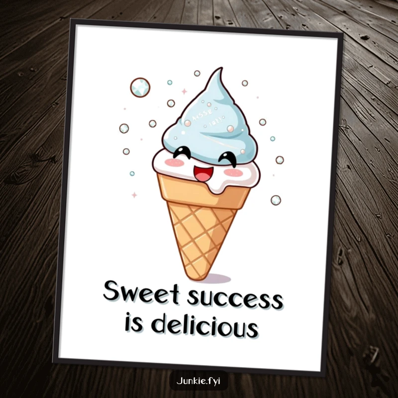 Whimsical free printable wall art: a ridiculously happy ice cream cone enthusiastically throwing shimmering sugar crystals, spreading pure joy.