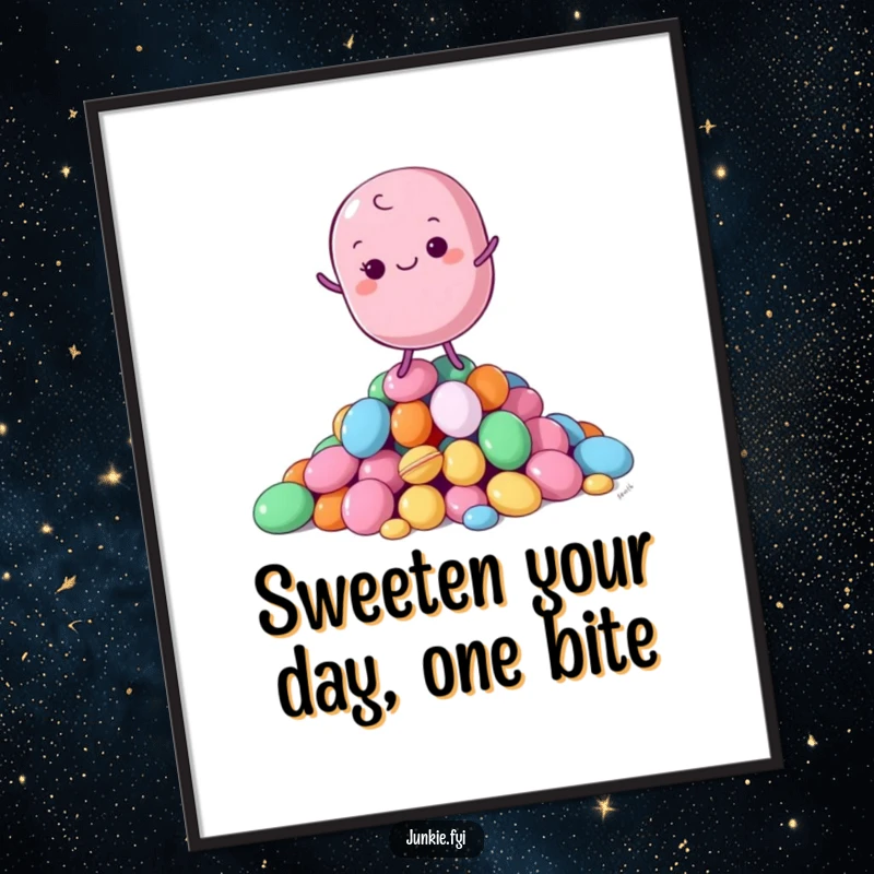 Funny free printable wall art of a content macaron character maintaining a graceful balance atop a pile of colorful, shiny candies.