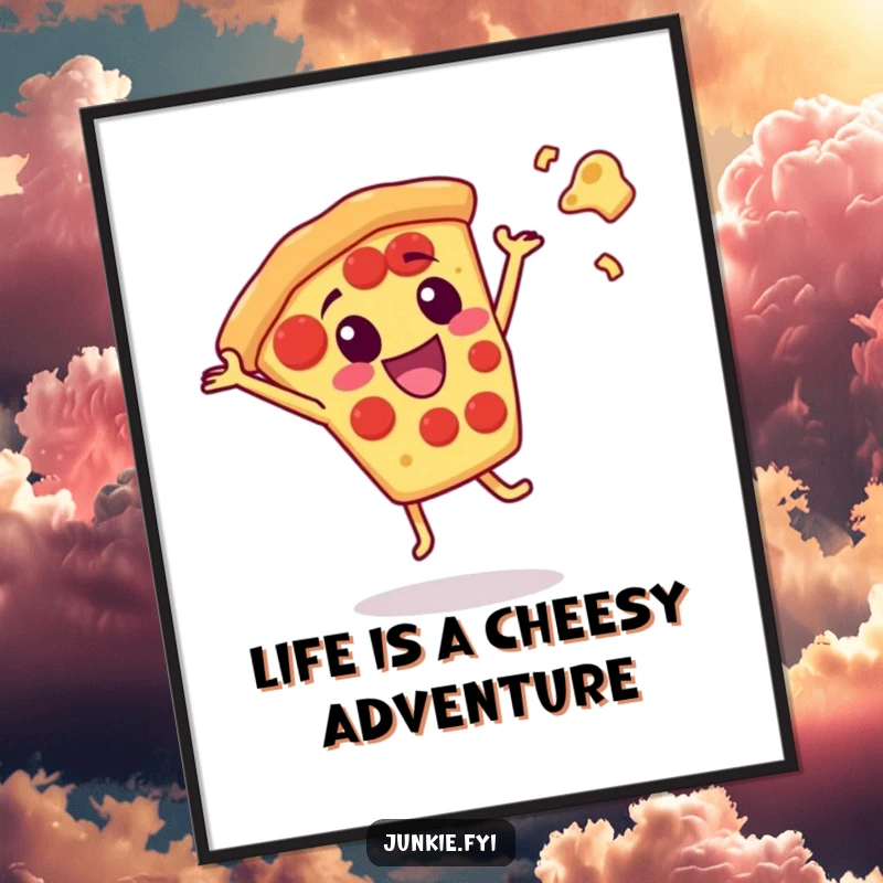 Funny Free Printable Wall Art: A Delighted Pizza Slice Character Doing a Joyful Cartwheel with Cheese Flying Artfully.