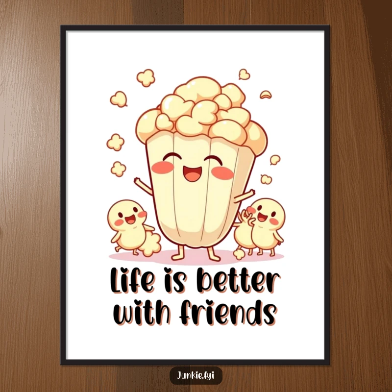 Funny free printable wall art of a giggling popcorn kernel character popping with excitement amidst a cluster of friends.