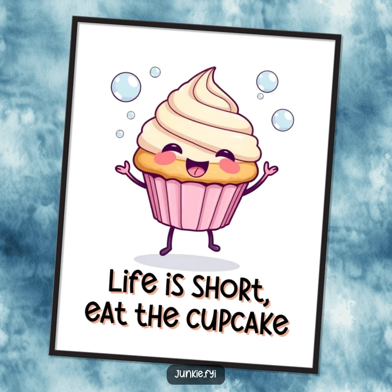 Funny Free Printable Wall Art: A spunky cupcake with legs excitedly blows a stream of shiny, colorful bubbles.