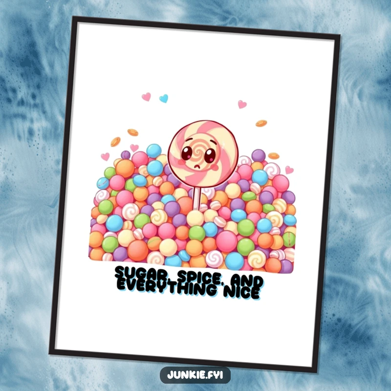 Funny Free Printable Wall Art: A shocked lollipop character stares in disbelief at an enormous pile of delicious sweets.