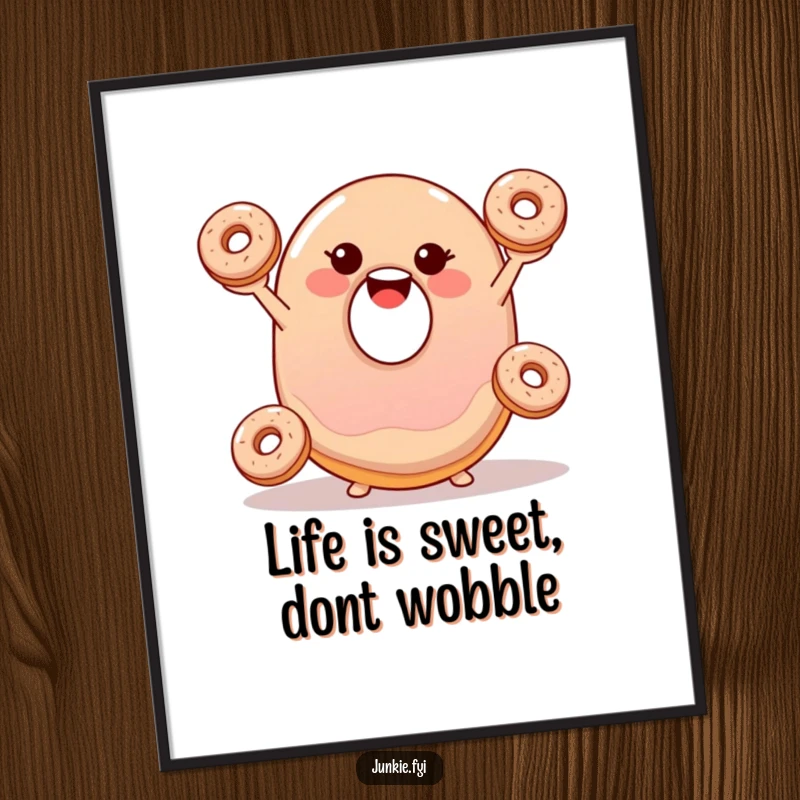 Funny Free Printable Wall Art: A smiling jelly donut wobbling while happily juggling three smaller donuts.
