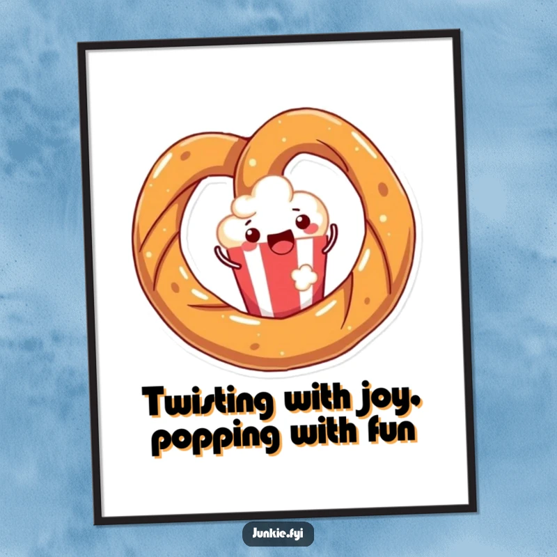 Funny Free Printable Wall Art: A joyful pretzel happily twisting around a tiny popcorn kernel, creating a whimsical and delightful scene.