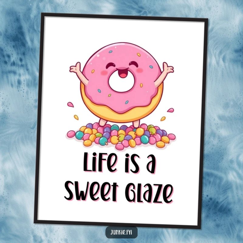Funny Free Printable Wall Art: A Joyful Donut Character Happily Bouncing a Pile of Assorted Tiny Candies.