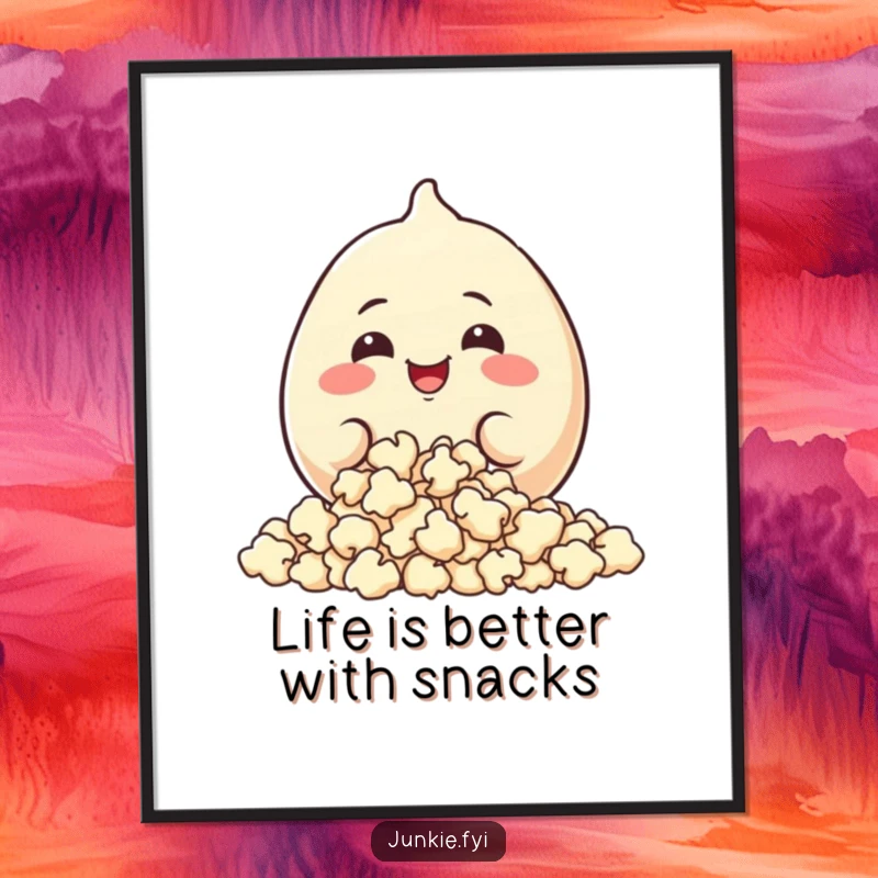 Funny Free Printable Wall Art: A plump food character with a big grin happily munching on a huge pile of popcorn.