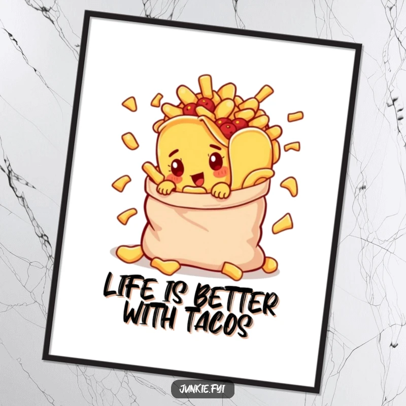 Funny Free Printable Wall Art: Curious taco character peeks from an overflowing chip bag, creating whimsical food-themed decor.