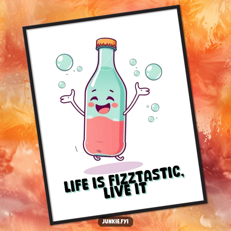 Funny Free Printable Wall Art: A giggling soda bottle character dances with extreme excitement, surrounded by shimmering bubbles.