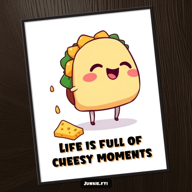 Funny Free Printable Wall Art: A giggling taco character with tiny legs hilariously trying to catch falling cheese.