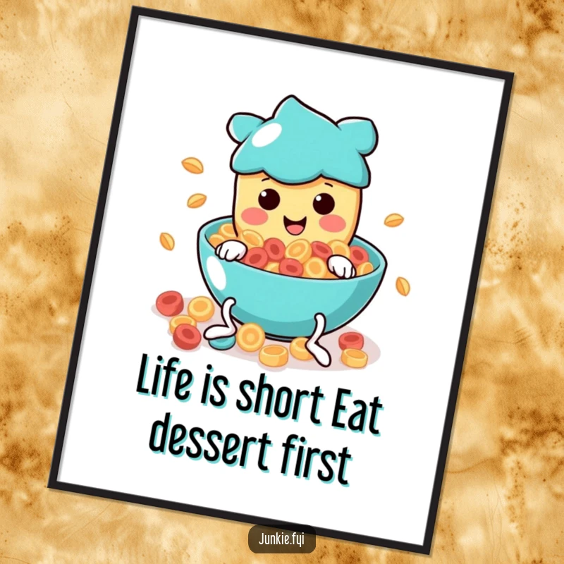 Funny Free Printable Wall Art: A smiling food character with wiggly legs happily diving into a giant bowl of swirling cereal.