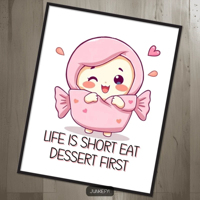 Funny free printable wall art of a delighted candy bar character joyfully unwrapping itself, ready to decorate.