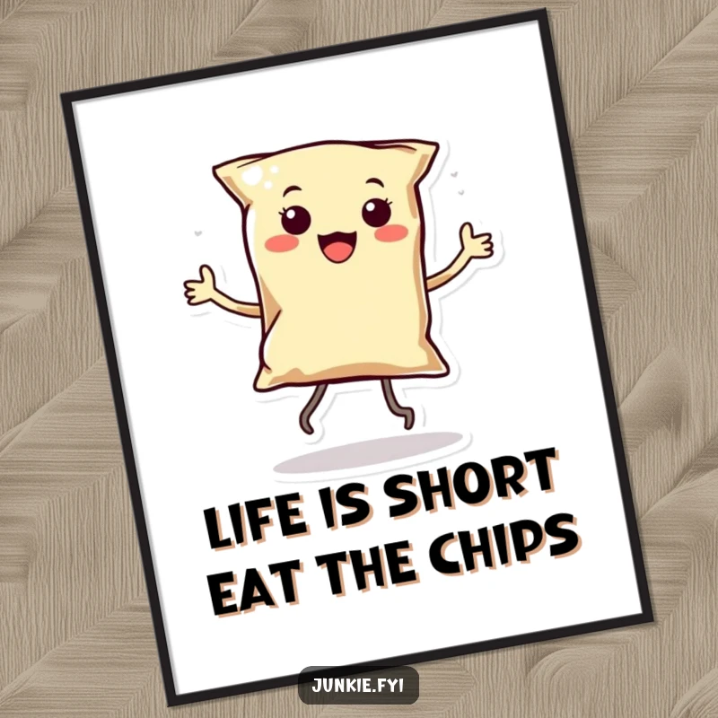 Funny Free Printable Wall Art: A kawaii bag of chips character with tiny legs dancing with pure, unadulterated joy.