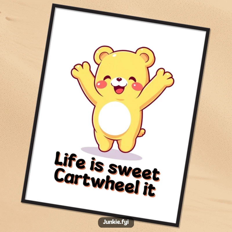 Funny Free Printable Wall Art: A happy gummy bear mid-cartwheel, radiating pure joy and playful energy, great decor.