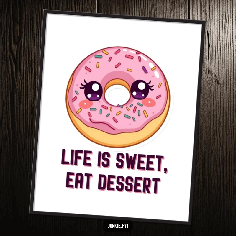 Funny Free Printable Wall Art: A delighted donut with wide eyes gleefully stuffs its face with a cascade of sprinkles.